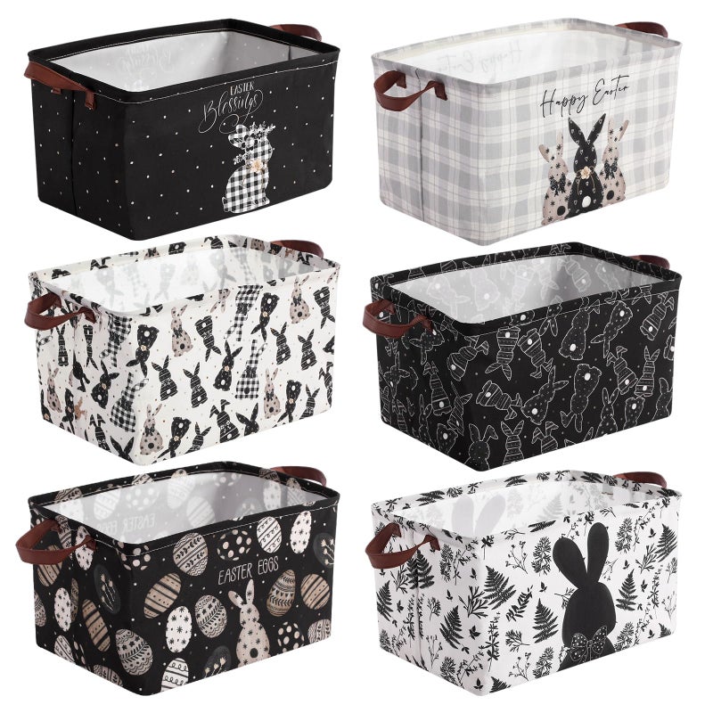 CHENGU 6 Pack Easter Storage Bin Collapsible Easter Basket for Gifts Large Bunny Eggs Black White Holiday Decor Decorative Rabbit Basket Farmhouse Foldable Box with Handle for Bedroom Office Home - Image 2