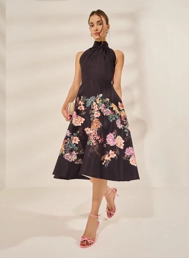Styli Floral Print Sleeveless Halter Neck Midi Dress