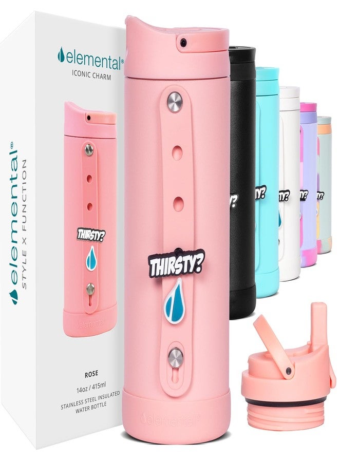 إليمنتال زجاجة مياه للأطفال من إليمينتال أيكونيك، مزودة بغطاء مزود بماصة وحزام مزين، مانعة للتسرب عند الإغلاق، زجاجة مياه قابلة لإعادة الاستخدام مصنوعة من الفولاذ المقاوم للصدأ معزولة ثلاثيًا - 14 أونصة، لون وردي - Image 1