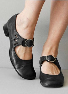 Loquat Women Round Toe Mary Janes Shoes Buckled Low Chunky Heels Work Pumps Black  - Image 1