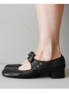 Loquat Women Round Toe Mary Janes Shoes Buckled Low Chunky Heels Work Pumps Black  - Image 2
