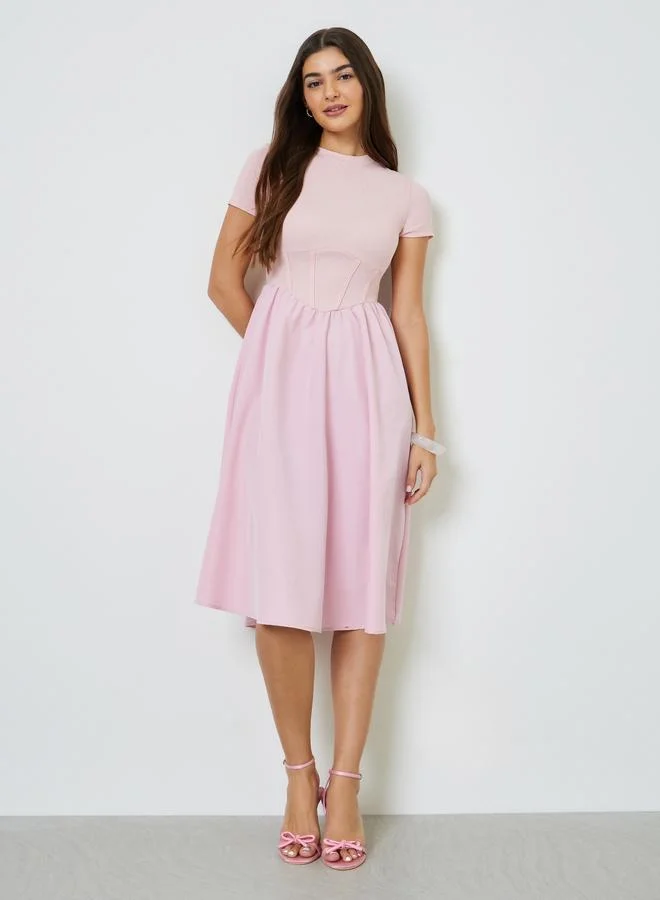 تايك تو Pink Corset Waist A-Line Midi Dress