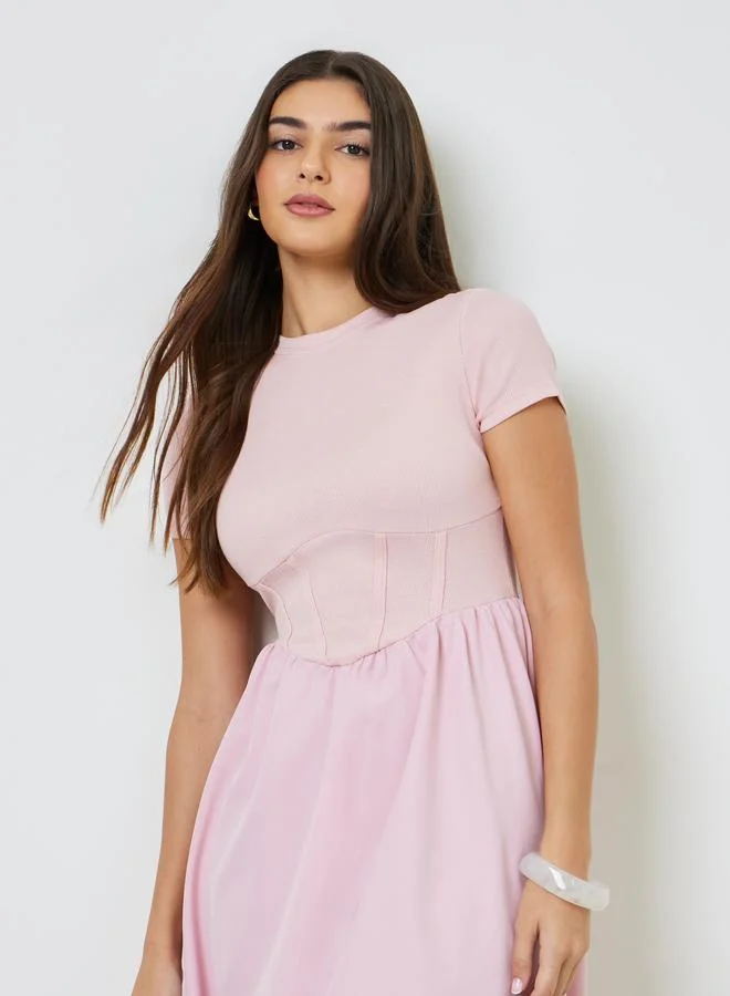 تايك تو Pink Corset Waist A-Line Midi Dress