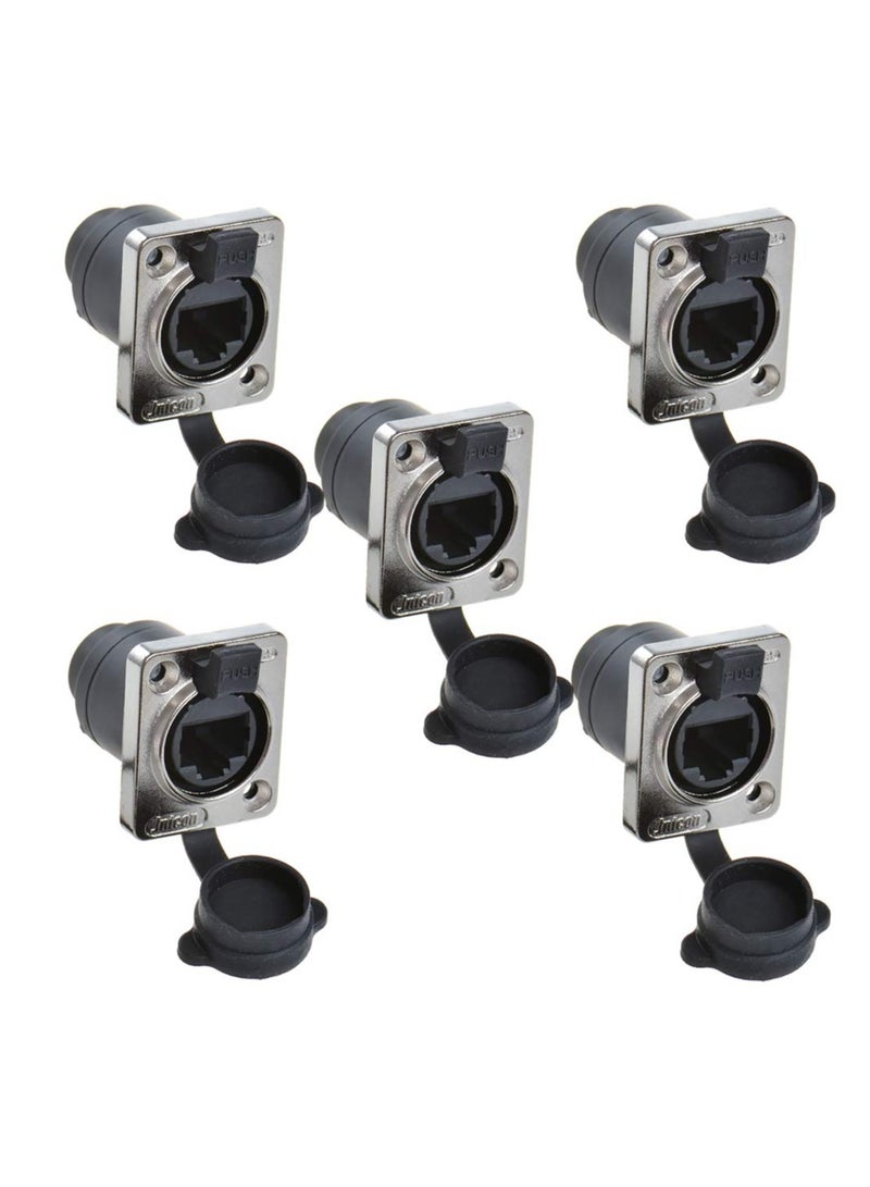 RJ45 Waterproof Connector Panel Mount IP65 PCB Signal Cat5/5e/6 8P8C Ethernet LAN Cable Double Head Coupler Adapter with Dust Cap 90 Degree Vertical 5 Pack  - Image 1