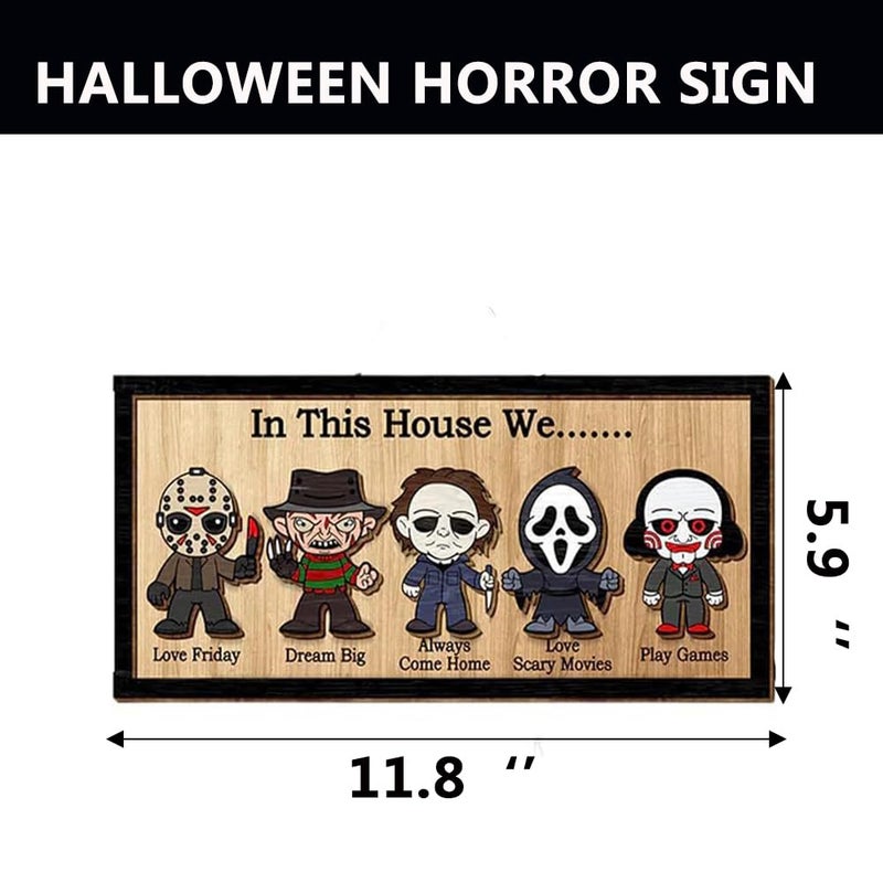 Pujipu In This House We Horror Halloween, 2 Layered Frame Wood Sign, Halloween Signs, Wall Hanging Scary Decorations, Haunted Party, Spooky Movie Characters decor for Indoor Outdoor Wall Desk (HANG) - Image 1