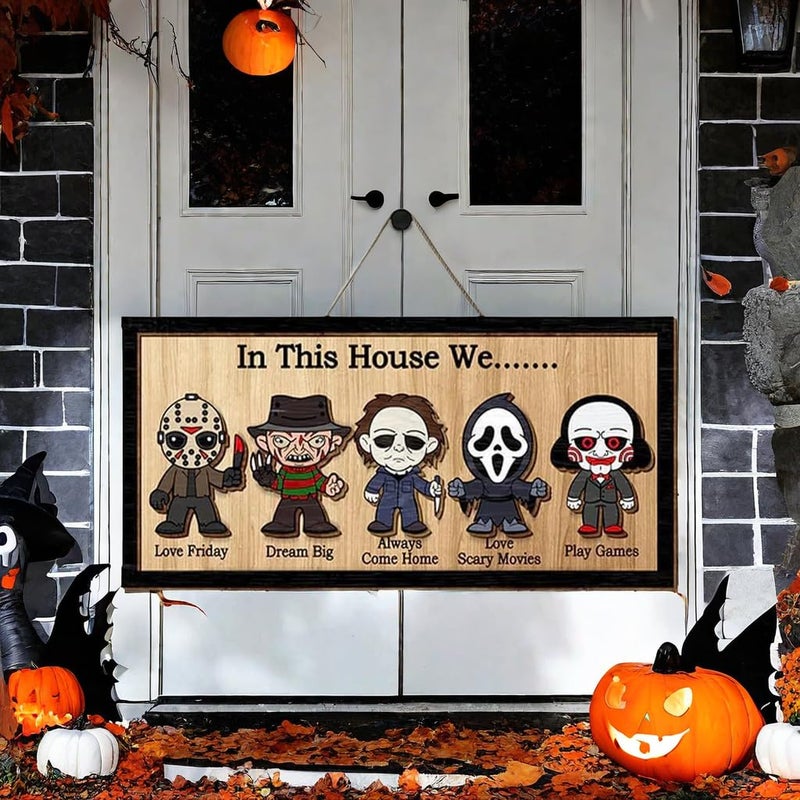 Pujipu In This House We Horror Halloween, 2 Layered Frame Wood Sign, Halloween Signs, Wall Hanging Scary Decorations, Haunted Party, Spooky Movie Characters decor for Indoor Outdoor Wall Desk (HANG) - Image 4