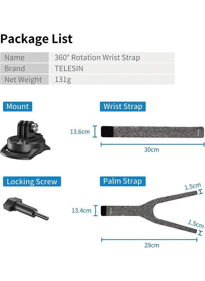 TELESIN - TELESIN Upgraded Wrist Strap, 360 Rotation Arm Plam Ankle Mount Band Holder Cycling Mount for GoPro Max Hero 11 10 9 8 7 6 5 Insta360 One R X2 Go2 DJI Osmo Action 2 Camera Accessories - Image 1