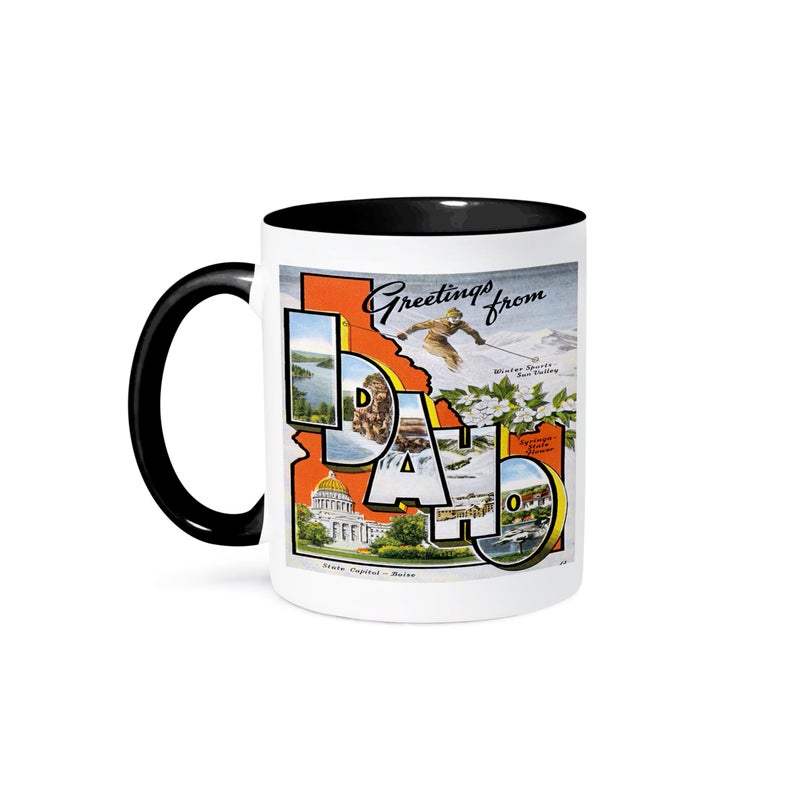 3dRose mug_169565_4 Greetings from Idaho Sun Valley Boise with Scenes from the State Two Tone Black Mug 11oz