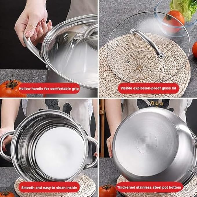 304 Stainless Steel Steamer Pot With Tempered Glass Lid Large Double Boiler For Healthy Cooking22cm One Color 22cm - Image 3