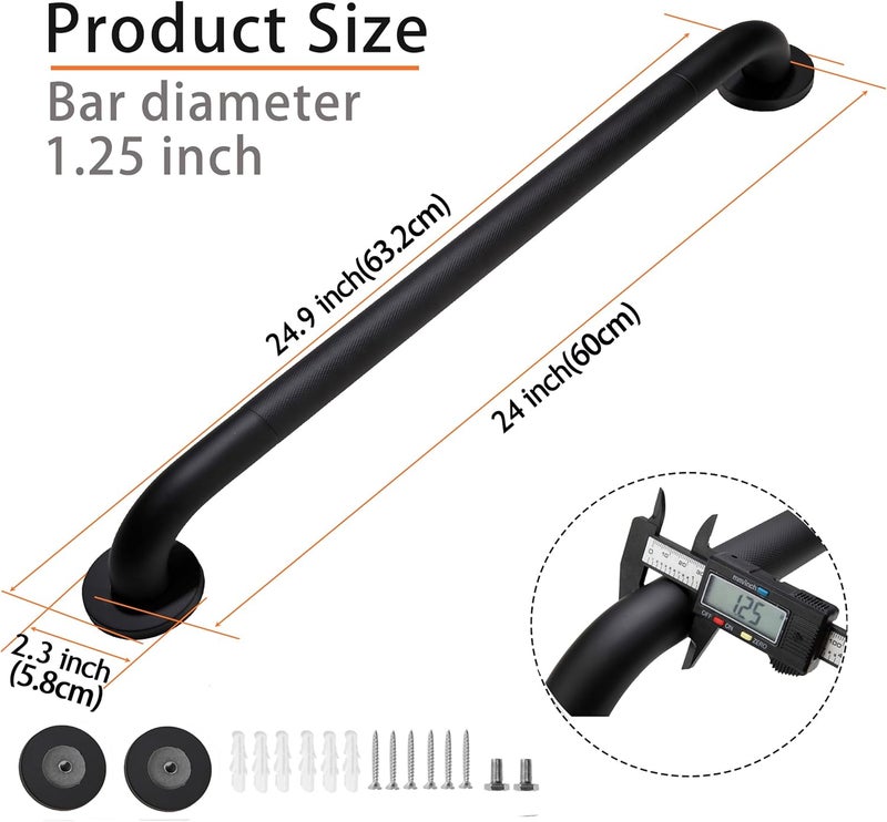 Rackickyer Shower Grab Bar, 2 Pack 24 Inch Black Bathroom Grab Bar, 1.25" Diameter 304 Stainless Steel Anti-Slip Grab Bars for Bathtubs and Showers, Handicap Shower Grab Bar for Seniors Elderly - Image 2