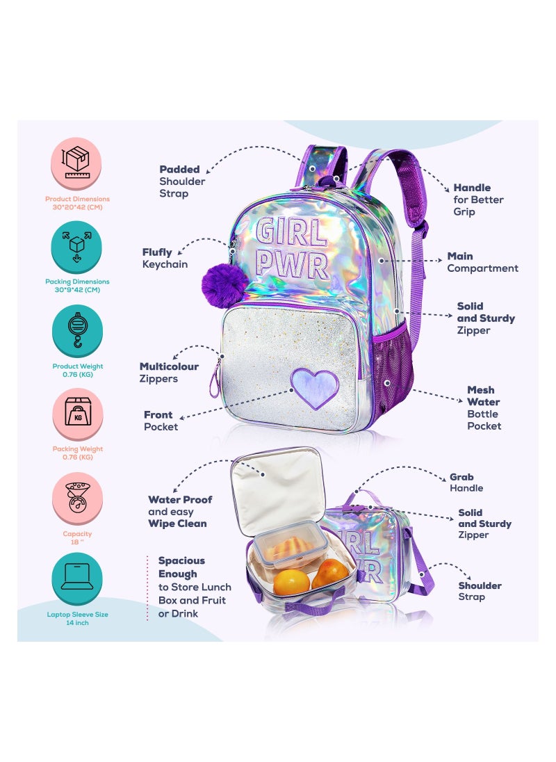 Eazy Kids 18" School Bag Lunch Bag Pencil Case Set of 3 Girl Power Purple  - Image 3