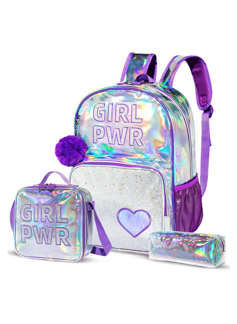 Eazy Kids 18" School Bag Lunch Bag Pencil Case Set of 3 Girl Power Purple  - Image 1