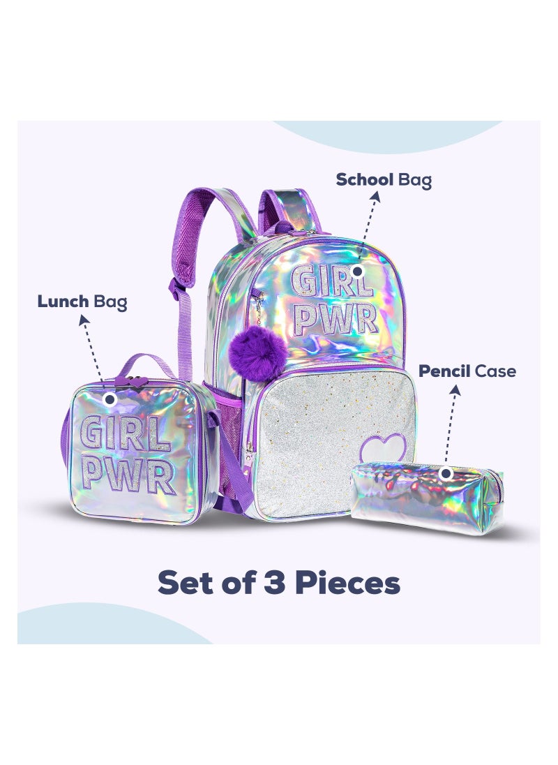 Eazy Kids 18" School Bag Lunch Bag Pencil Case Set of 3 Girl Power Purple  - Image 2