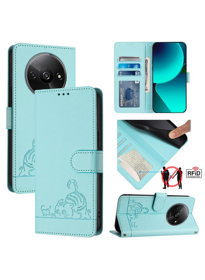 The Bros Case For Xiaomi POCO C61 4G Global Cat Rat Embossed Pattern RFID Leather Phone Case with Lanyard