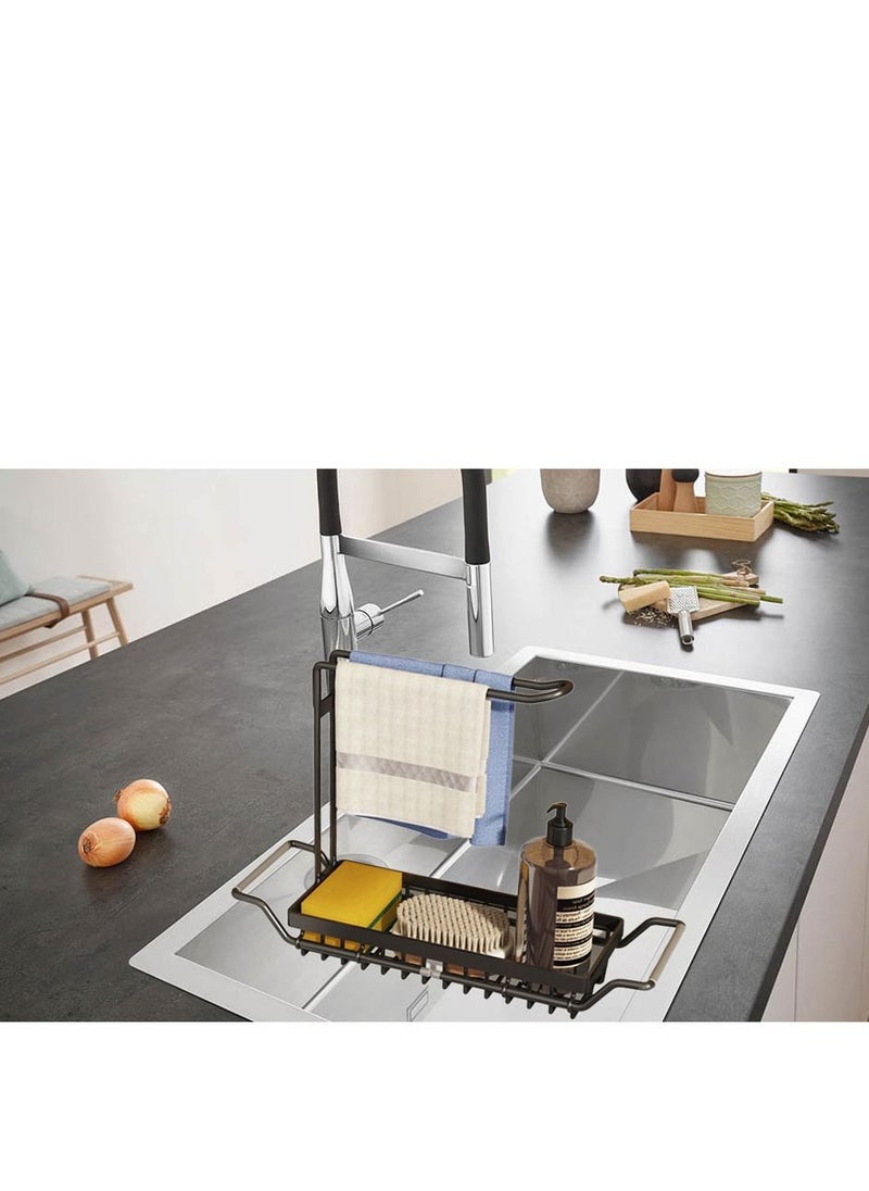 DARIYAH - 4-in-1 Dish Sponges Brush Soap Holder with Towels Drying Rack for Kitchen Expandable (16.7"-21.3") Sink Caddy Organizers J002 - Image 1