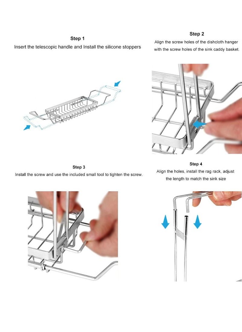 DARIYAH - 4-in-1 Dish Sponges Brush Soap Holder with Towels Drying Rack for Kitchen Expandable (16.7"-21.3") Sink Caddy Organizers J002 - Image 1