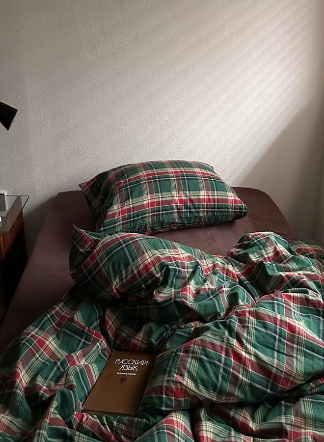 MKXI Vintage Buffalo Plaid Duvet Cover Set 3-Piece | 100% Washed Cotton Reversible Bedding Green/Red Checkered Queen Size with Zipper & Corner Ties Farmhouse & Shabby Chic Design - Image 4