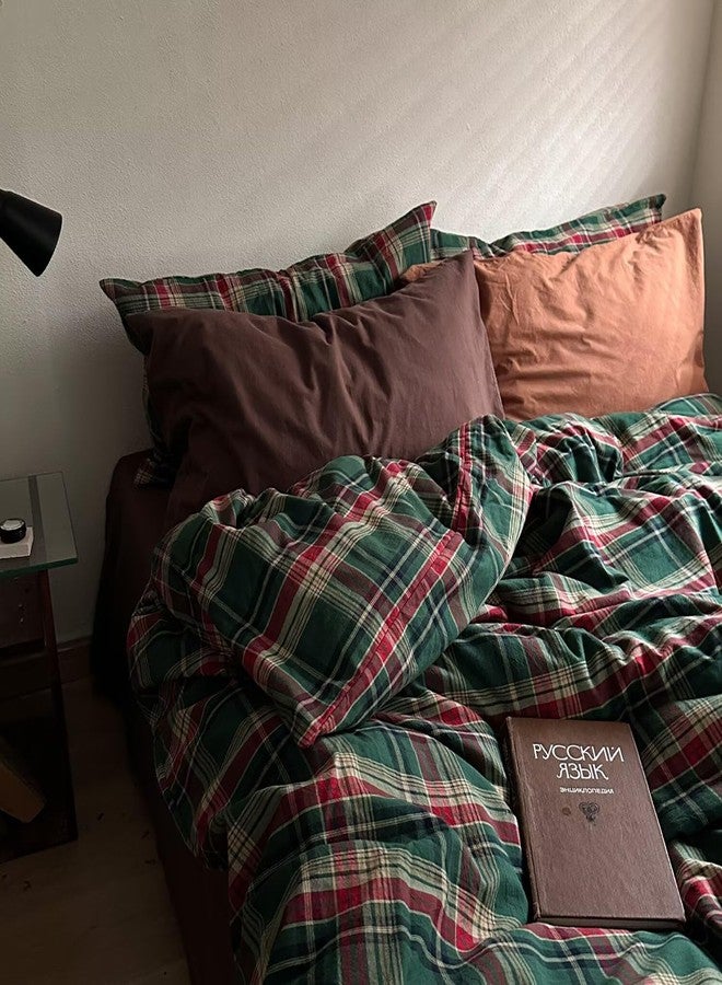 MKXI Vintage Buffalo Plaid Duvet Cover Set 3-Piece | 100% Washed Cotton Reversible Bedding Green/Red Checkered Queen Size with Zipper & Corner Ties Farmhouse & Shabby Chic Design - Image 2