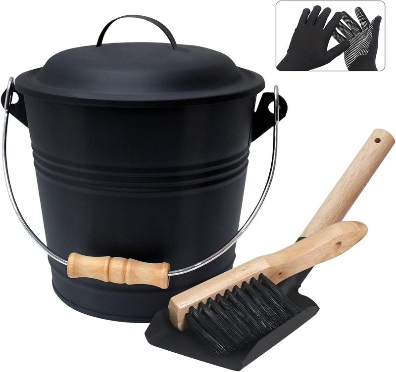 BRIAN & DANY Mini Ash Bucket with Lid and Shovel, 1.3 Gallon Fireplace Bucket with Broom, Ash Can for Fireplace, Ashes, Fire Pit, Wood Burning Stove - Image 1