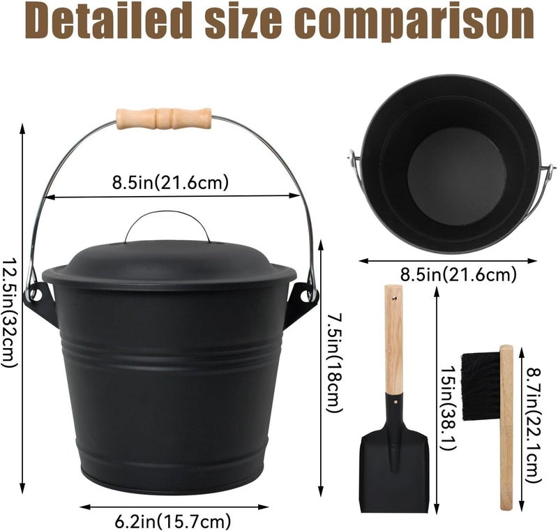 BRIAN & DANY Mini Ash Bucket with Lid and Shovel, 1.3 Gallon Fireplace Bucket with Broom, Ash Can for Fireplace, Ashes, Fire Pit, Wood Burning Stove - Image 2