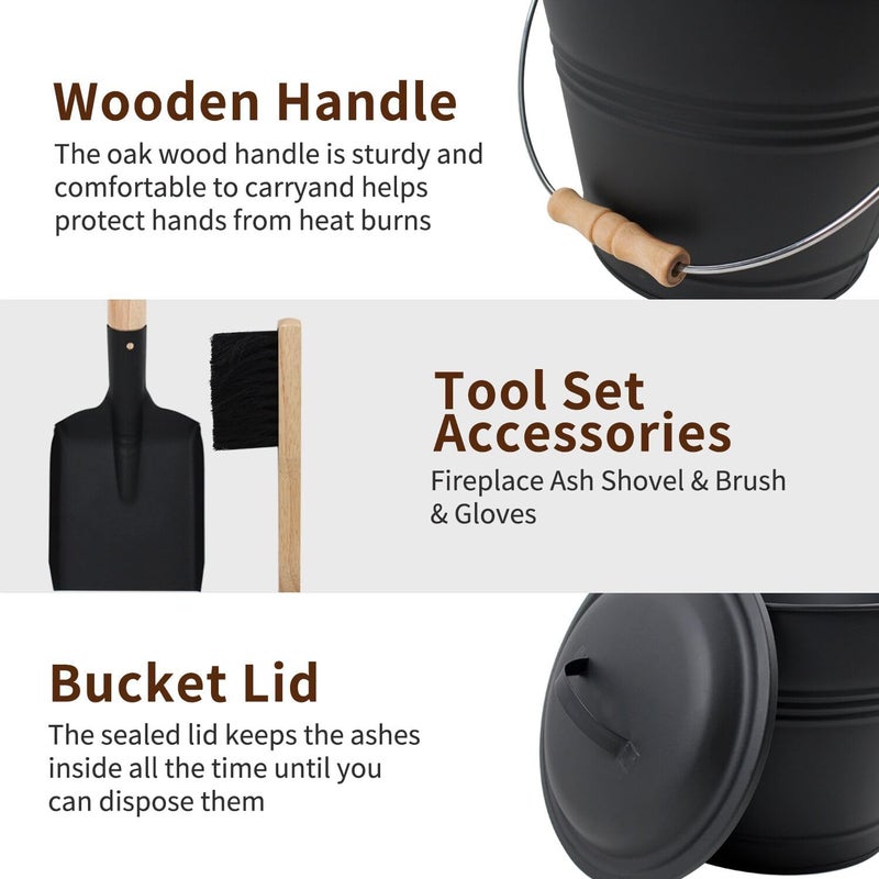 BRIAN & DANY Mini Ash Bucket with Lid and Shovel, 1.3 Gallon Fireplace Bucket with Broom, Ash Can for Fireplace, Ashes, Fire Pit, Wood Burning Stove - Image 4