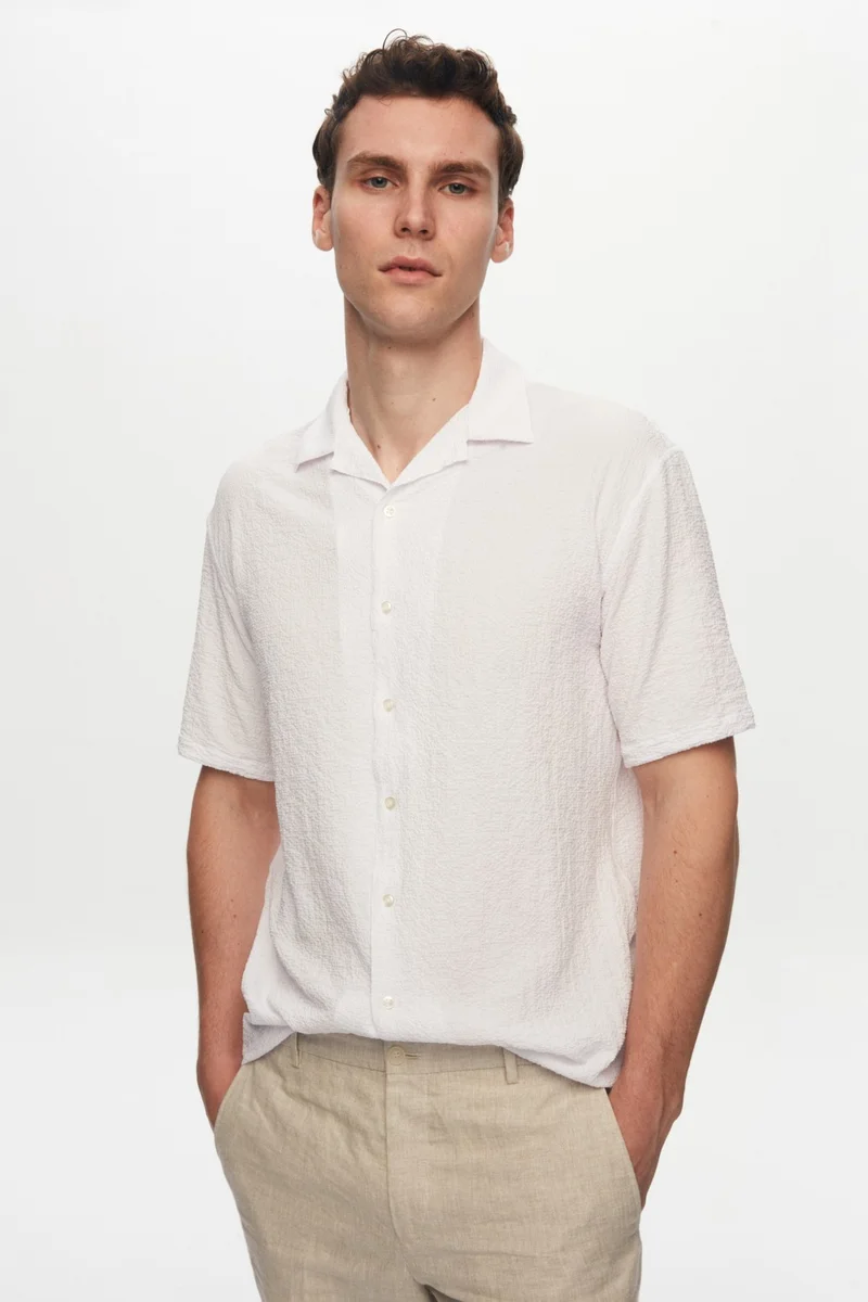 D'S DAMAT Relaxed White Seersucker Short Sleeve Wrinkle-Free Shirt 0HC02ORT01313
