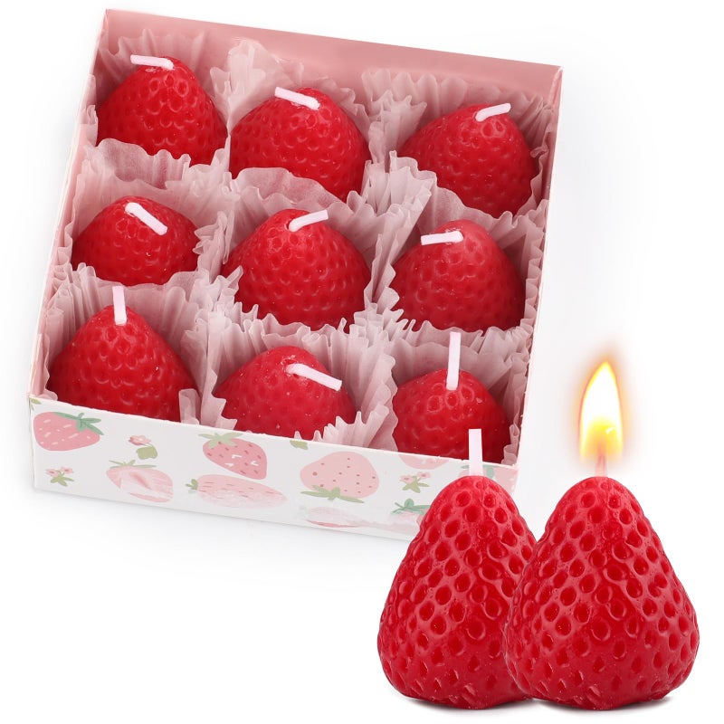 ARPOVIST 9 Pack Strawberry Shaped Scented Candles, Red Mini Soy Wax Fruit Aroma Decorative Candles, Realistic Strawberry Design for Bedroom, Bathroom, Parties, Table DÃ©cor, Photo Props, Birthday Gifts - Image 1