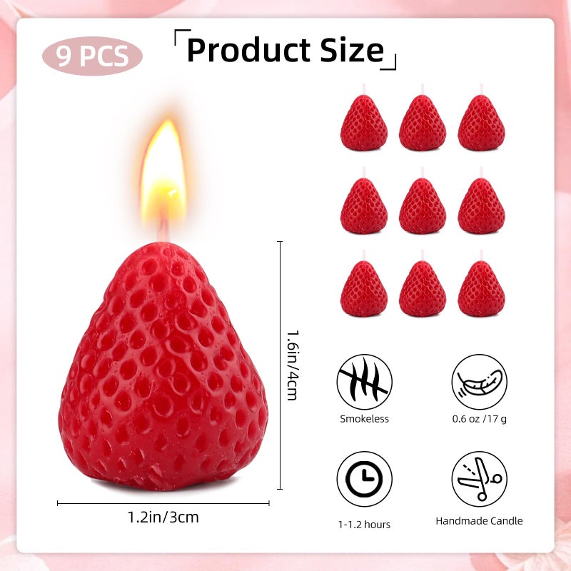ARPOVIST 9 Pack Strawberry Shaped Scented Candles, Red Mini Soy Wax Fruit Aroma Decorative Candles, Realistic Strawberry Design for Bedroom, Bathroom, Parties, Table DÃ©cor, Photo Props, Birthday Gifts - Image 2