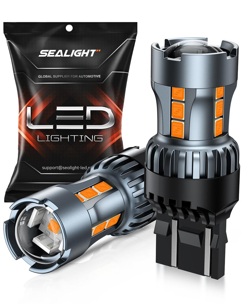SEALIGHT 7443 7440 LED Bulb Amber Turn Signal Lights, T20 7441 7444 992 W21W LED Light Bulb with Projector Len and Need Extra Load Resistor, Includes Additional Decoders, Pack of 2 - Image 1