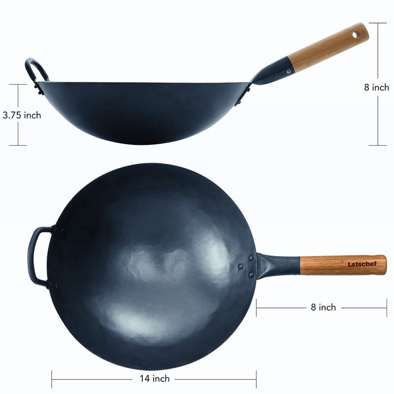 Letschef Preseasoned Carbon Steel Wok 14 Inches Hand Hammered Chinese Traditional Wok and Stir Fry Pan Round Bottom with Bamboo Handle PFOA Free Cookware - Image 2