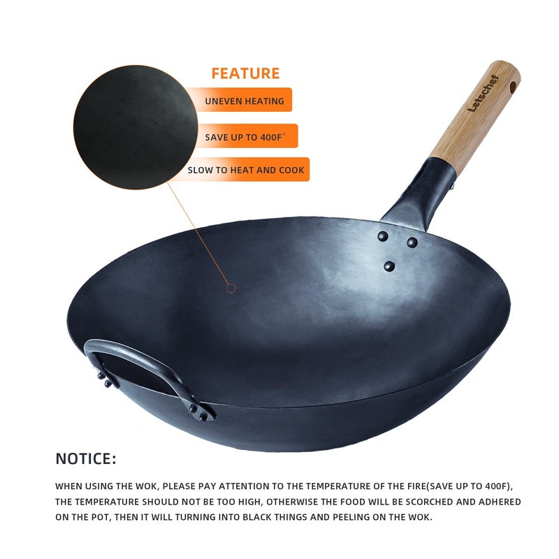Letschef Preseasoned Carbon Steel Wok 14 Inches Hand Hammered Chinese Traditional Wok and Stir Fry Pan Round Bottom with Bamboo Handle PFOA Free Cookware - Image 4
