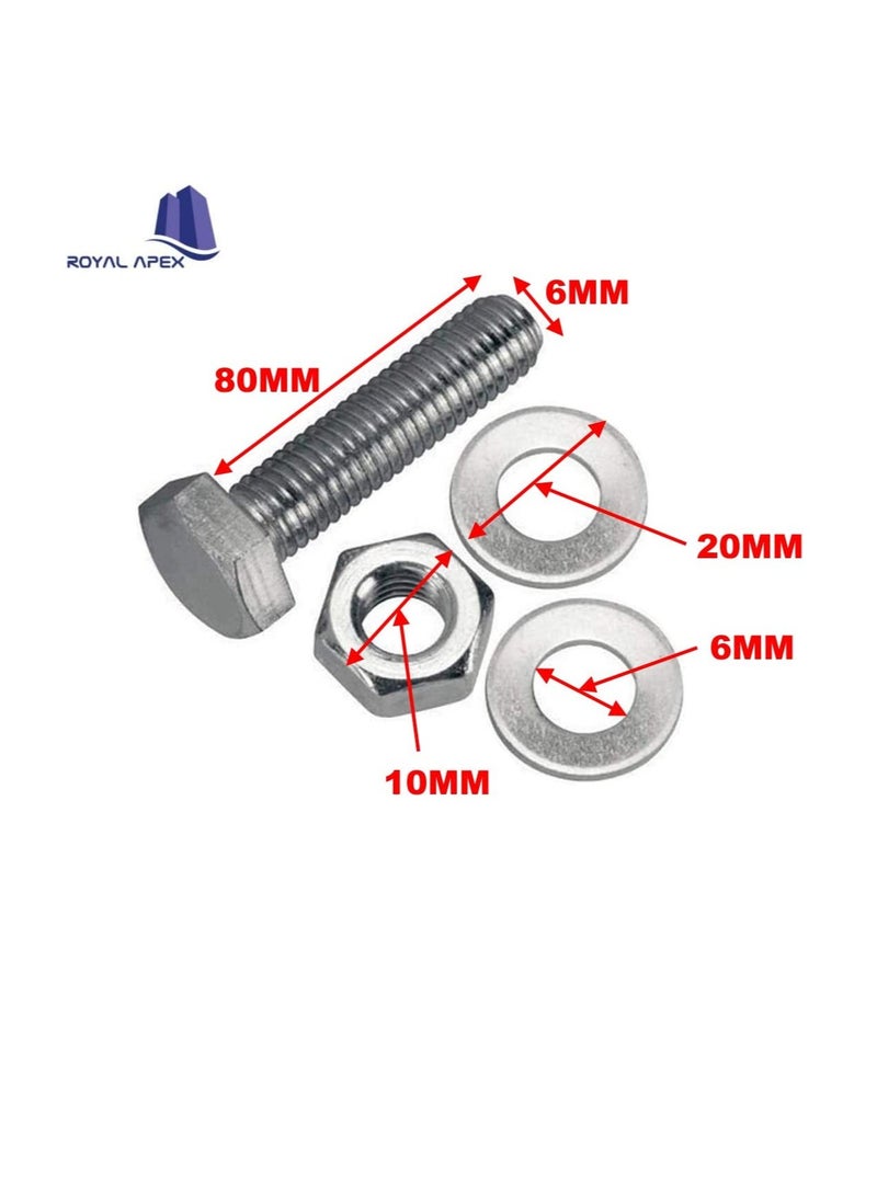 Generic 12 pcs Hex Head Screw Bolts Nuts Washers Fully Thread GI Plain Finish Bolt Set 6, 80MM  - Image 3
