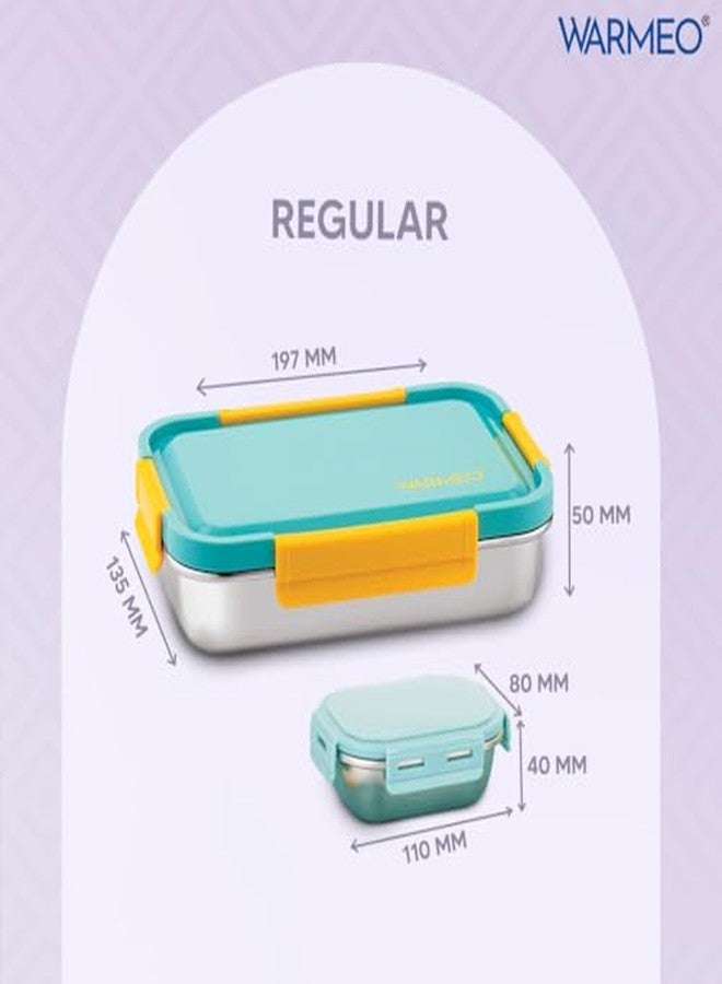 WARMEO علبة غداء وارميو كارنيفال المصنوعة من الفولاذ المقاوم للصدأ، محكمة الإغلاق ومضادة للتسرب، خفيفة الوزن، سهلة التنظيف، مثالية للمكتب والمدرسة والنزهات والسفر، طقم من قطعتين (800 مل + 150 مل) باللونين الأزرق الفاتح والأصفر - Image 4