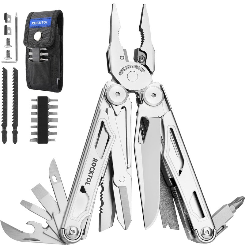 ROCKTOL Multitool, 29-in-1 Multitool Pliers with Replaceable Wire Cutters and Saw, Heavy-duty Stainless Steel Multi-tool Set and Nylon Sheath for Camping Survival multi tool for Man - Image 1