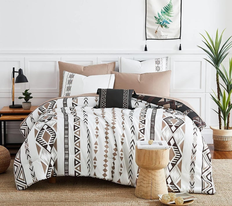 Geniospin Full Comforter Set 7 Pieces Bed in a Bag Comfortable Western Bedding Sets for All Seasons Lightweight Soft Boho Comforter Bed Set with Sheets Pillowcases Shams