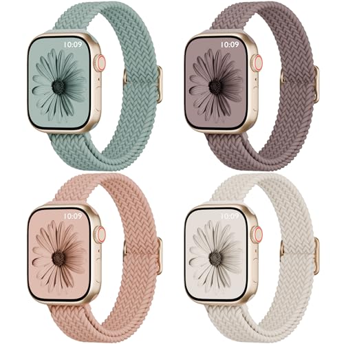 DYKEISS 4 Pack Slim Braided Stretchy Compatible with Apple Watch Band 38mm 42mm 40mm 44mm 41mm 45mm 46mm 49mm Women Men Solo Loop Nylon Thin Strap for iWatch Series 11 10 9 8 7 SE 6 5 4 3 Ultra - Image 1