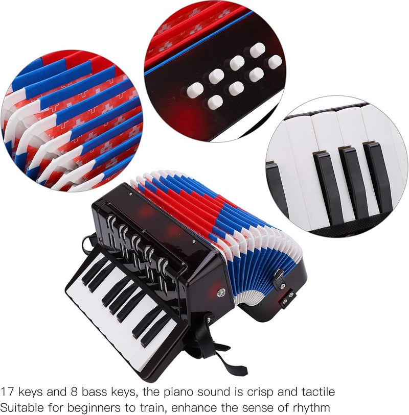 Wal front Mini Accordion 17 Key Piano Small Accordion 8 Bass with Straps Beginner Educational Musical Instrument Developmet Hand Keyboard Rhythm Training Instrument for Beginner - Image 2