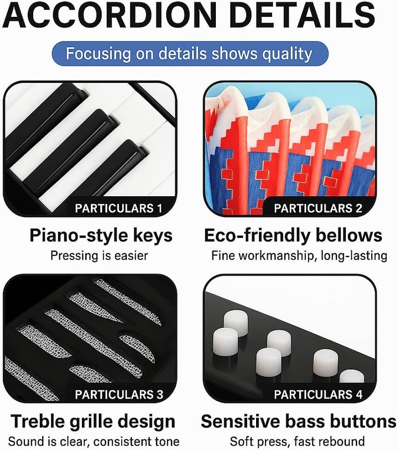 Wal front Mini Accordion 17 Key Piano Small Accordion 8 Bass with Straps Beginner Educational Musical Instrument Developmet Hand Keyboard Rhythm Training Instrument for Beginner - Image 5