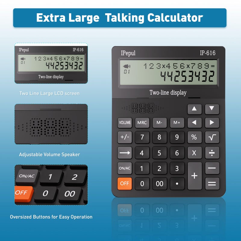 iPepul Calculators Desktop, Desk Calculator with Large 2 Line Display, Talking Basic Calculator with Big Button & Adjustable Volume, 4 Function Calculators for Business, Students, Office Supplies(Black) - Image 2