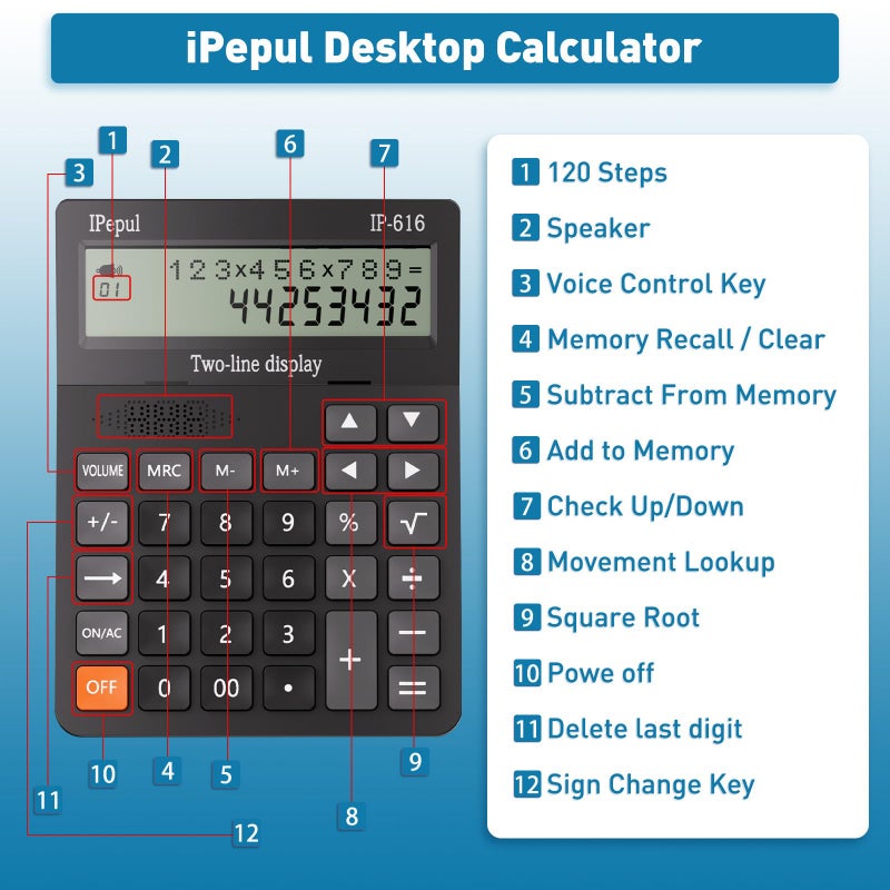 iPepul Calculators Desktop, Desk Calculator with Large 2 Line Display, Talking Basic Calculator with Big Button & Adjustable Volume, 4 Function Calculators for Business, Students, Office Supplies(Black) - Image 4