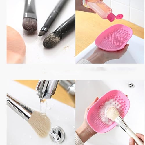 Giffy® Flexible Silicone Makeup Brushes Cleaning Tray with Strip Eyeshadow Powder Puff Scrub Brush Cleaner Tray, 1 Piece (Pink) - Image 4