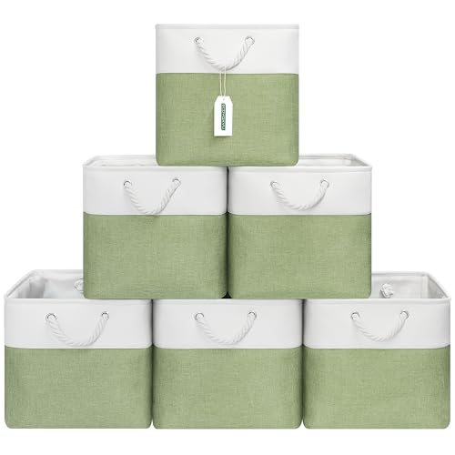 ECDYQXVU 13x13 Inch Cube Storage Bins with Reinforced Bottom Cardboard, 6 Pack Large Collapsible Fabric Storage Cubes with Handles for Shelf, Closet, Toy, Laundry Organization (White&Green) - Image 1