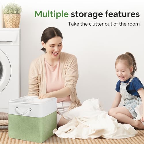 ECDYQXVU 13x13 Inch Cube Storage Bins with Reinforced Bottom Cardboard, 6 Pack Large Collapsible Fabric Storage Cubes with Handles for Shelf, Closet, Toy, Laundry Organization (White&Green) - Image 2