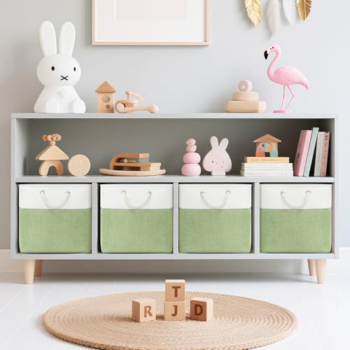 ECDYQXVU 13x13 Inch Cube Storage Bins with Reinforced Bottom Cardboard, 6 Pack Large Collapsible Fabric Storage Cubes with Handles for Shelf, Closet, Toy, Laundry Organization (White&Green) - Image 3