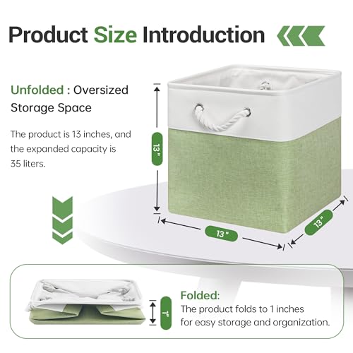 ECDYQXVU 13x13 Inch Cube Storage Bins with Reinforced Bottom Cardboard, 6 Pack Large Collapsible Fabric Storage Cubes with Handles for Shelf, Closet, Toy, Laundry Organization (White&Green) - Image 5