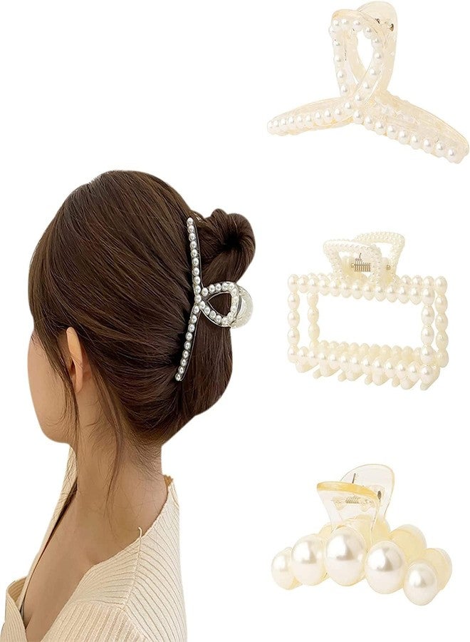 AUTOWRAP Pearl Hair Claw Styling Hair Clips Strong Hold Hair Jaw Clips Big Hair Clips Barrettes Nonslip Hair Claw Clip Birthday Business Gift Hair Accessories for Women and Girls (Pack of 3) - Image 1