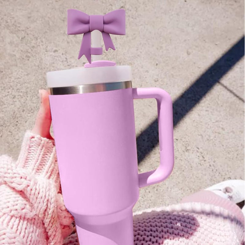 Hpebl 4Pcs Silicone Straw Toppers Covers for Stanley Cups 40/30oz 10mm(0.4in) Dust-Proof Bow Straw Covers Toppers Suitbale for Stanley Cup Accessories Reusable Straws Caps (Skin Purple) - Image 5