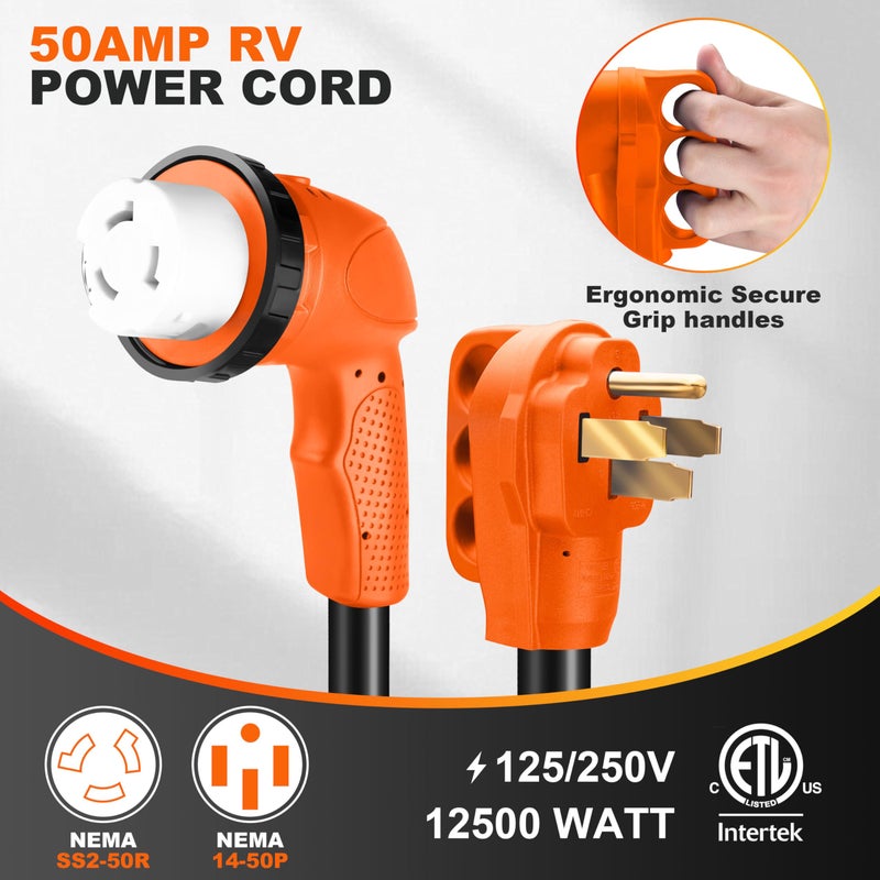 Ficstar 50 Amp RV Extension Cord 10 ft, Heavy Duty 6/3+8/1 SJTW AWG RV Power Cord with Grip Handle Twist Lock, NEMA 14-50P to SS2-50R with Polarity Lamp, Black - Image 2
