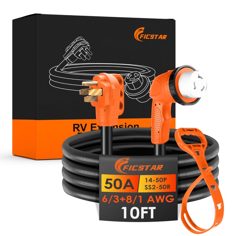Ficstar 50 Amp RV Extension Cord 10 ft, Heavy Duty 6/3+8/1 SJTW AWG RV Power Cord with Grip Handle Twist Lock, NEMA 14-50P to SS2-50R with Polarity Lamp, Black - Image 1