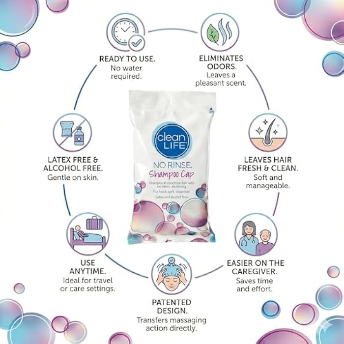 No Rinse Cleanlife Products No-Rinse Shampoo Cap (30 Pack) - Waterless, Rinseless Hair Washing and Conditioning Shower Caps for Bathing Elderly, Bedridden, Hospital Patients - Disposable, Hypoallergenic - Image 2